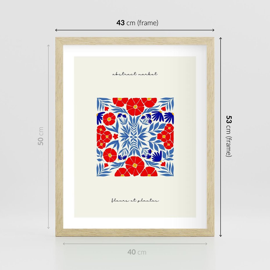 Plakat w ramie 40x50 - Tajemnicza Droga - nowoczesna kwiatowa kompozycja, czerwony i niebieski - rama drewno