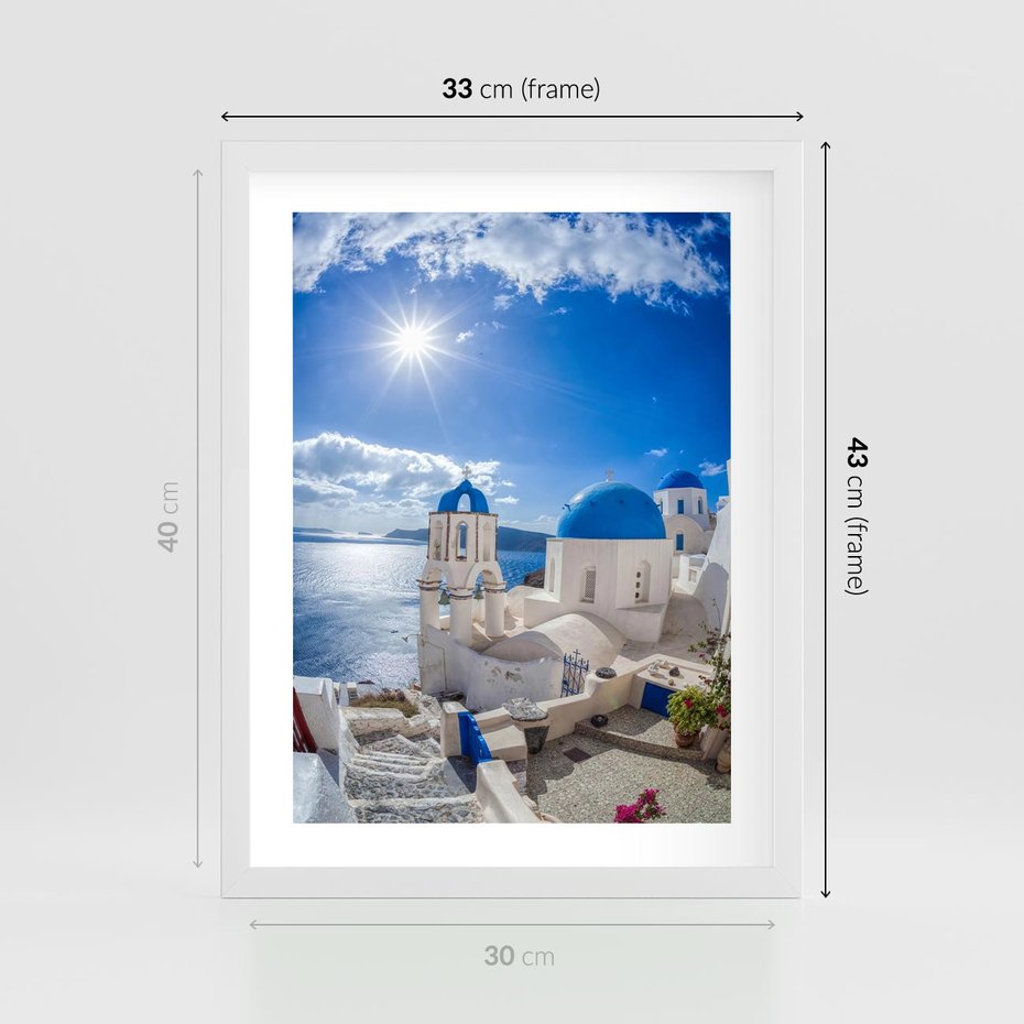 Plakat w ramie 30x40 - Uroki Santorini we Włoszech - Santorini, Włochy - rama biała