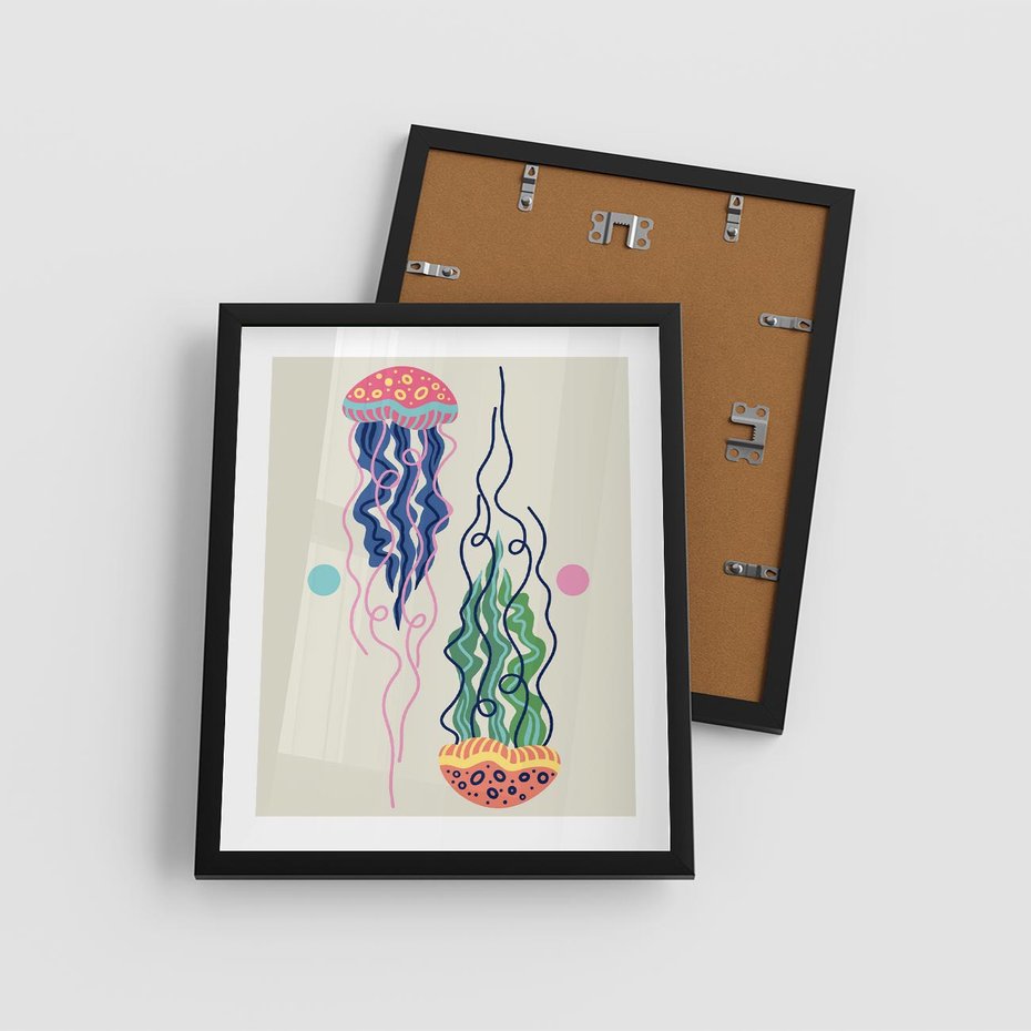 Plakat w ramie 40x50 - Morskie Pulsacje - nowoczesny optymistyczny plakat, kolorowe meduzy - rama czarna