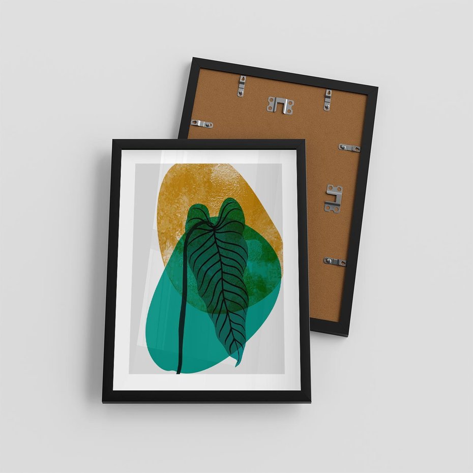 Plakat w ramie 30x40 - Zielony Liść ze Złotą Plamą - zielony liść, złota plama - rama czarna