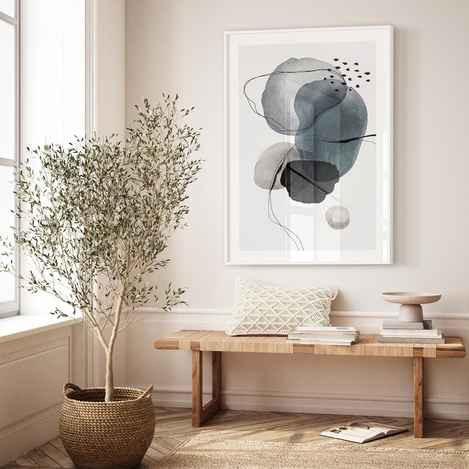 Plakat bez ramy 21x30 - Wibracje Kształtów - abstrakcyjne plamy akwarelowe, czarny szkic