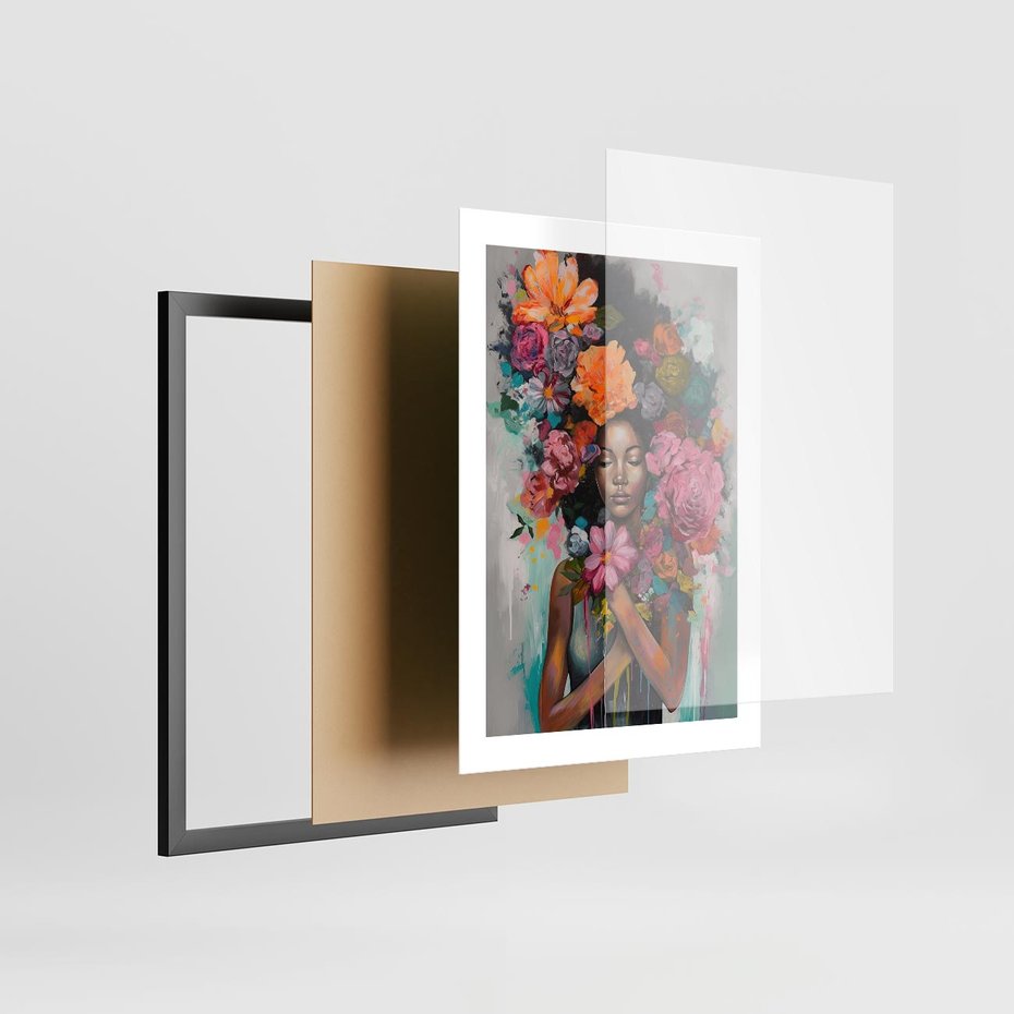 Plakat w ramie 30x40 - Z Głową w Kwiatach - obraz olejny, sztuka nowoczesna - rama czarna