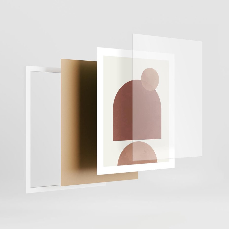 Plakat w ramie 40x50 - Rozkwitające Odbicia - abstrakcyjne geometryczne kształty, odcienie brązu i beżu - rama biała