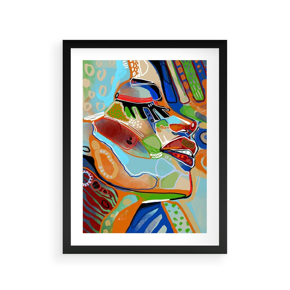 Plakat w ramie 30x40 - Kolorowe Wnętrza Kształtów - abstrakcyjny portret kobiety, twarz - rama czarna