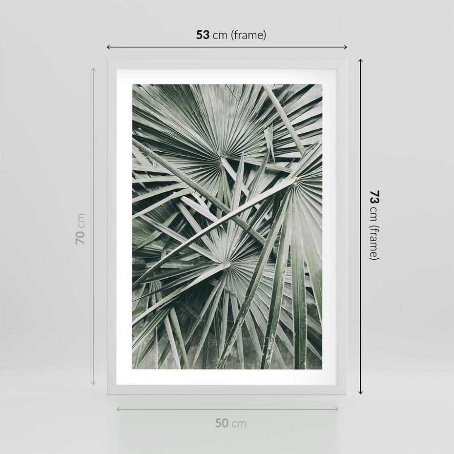 Plakat w ramie 50x70 - Palmy w Zgaszonej Zieleni - palmy, tropikalne liście - rama biała