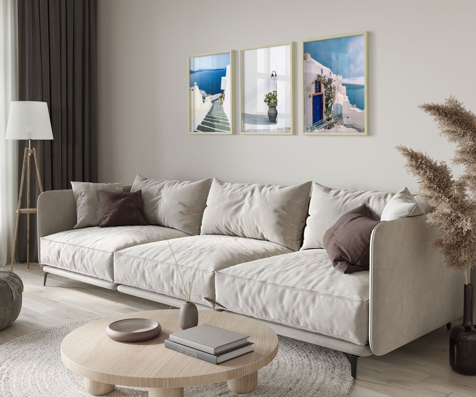 Zestaw obrazy w ramie 40x50 galeria - Santorini, białe, domki, morze - rama drewno