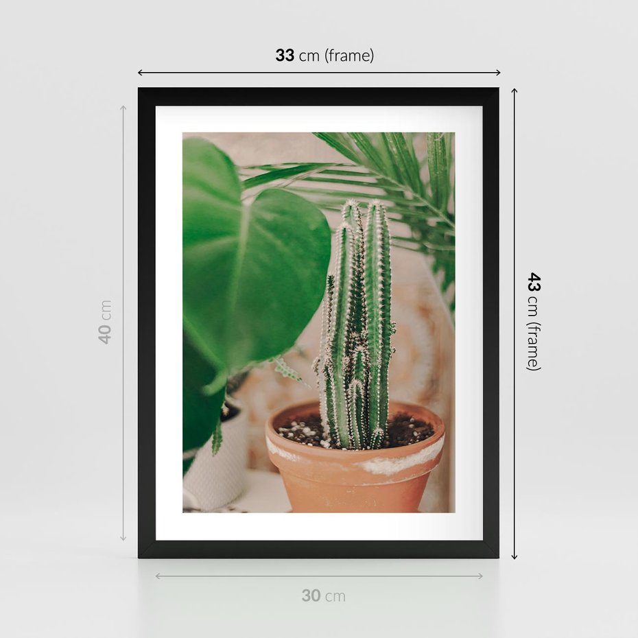 Plakat w ramie 30x40 - Boho Urok - kaktus w doniczce, gliniana doniczka - rama czarna