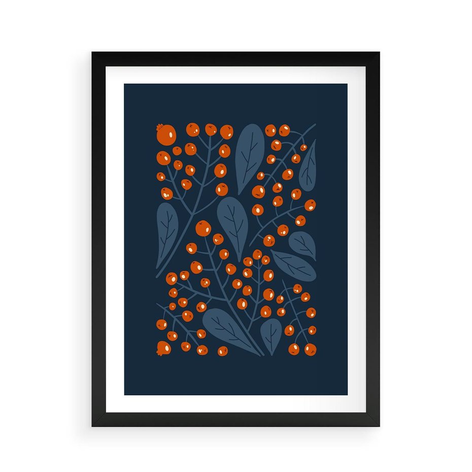 Plakat w ramie 50x70 - Symfonia liści i owoców - granatowe tło, pomarańczowe owoce jarzębiny - rama czarna