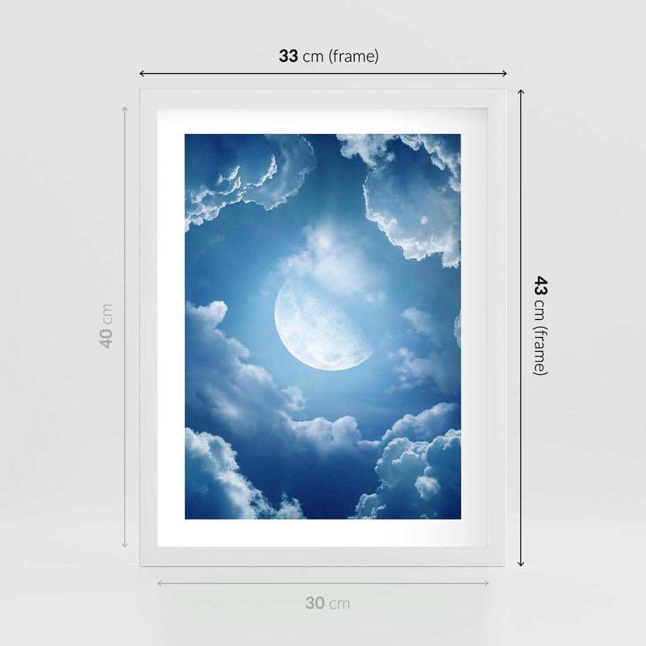 Plakat w ramie 30x40 - Księżycowe Chmury - księżyc, chmury - rama biała