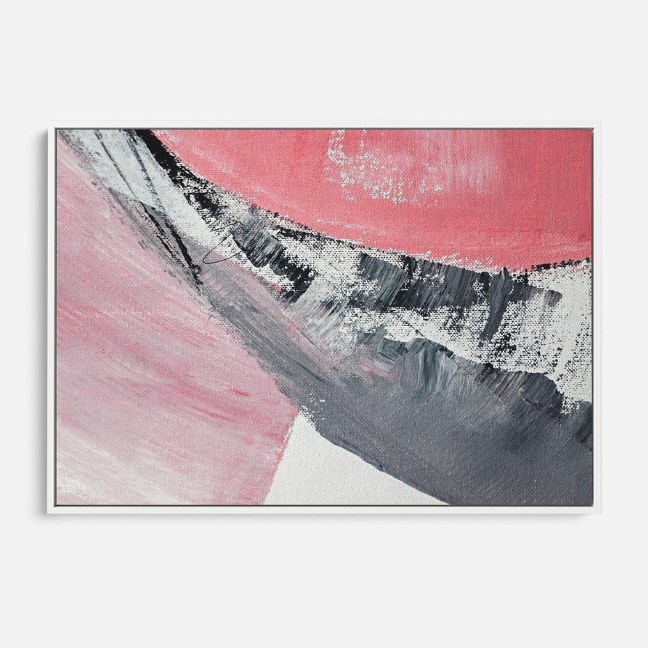 Obraz w ramie 120x80 - Kontrastujący Ruch Emocji - abstrakcyjne pasy farby, kolory róż szary czarny - rama biała