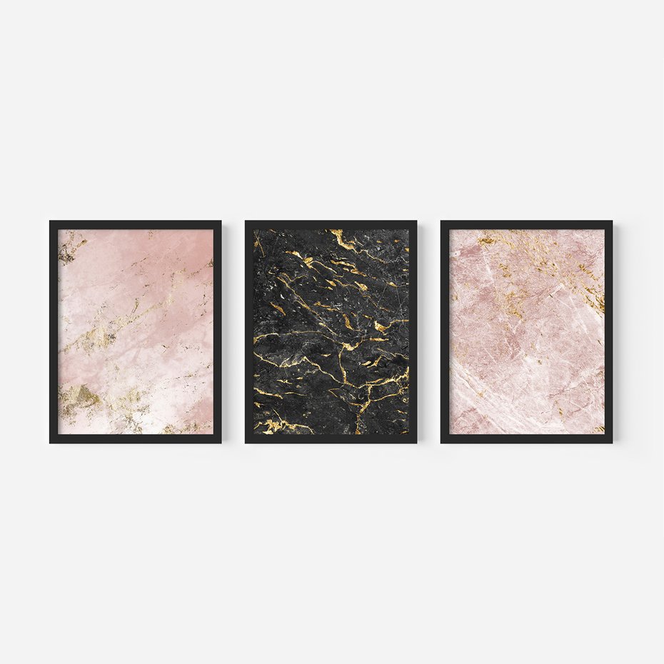 Zestaw obrazy w ramie 50x70 galeria - Marmur, złoto, róż, czerń - rama czarna