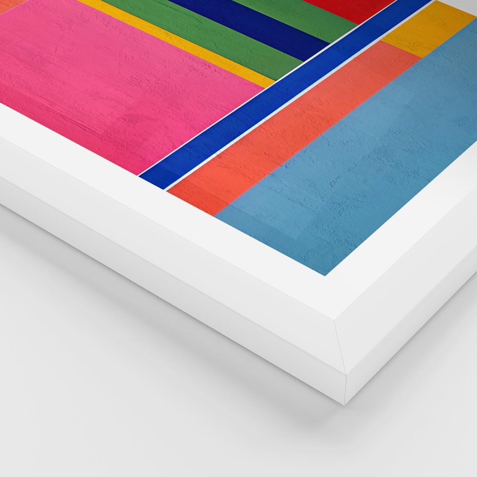 Plakat w ramie 50x70 - Wnętrza Rozplątanych Barw - abstrakcyjny geometryczny obraz olejny, kolorowe pasy - rama biała