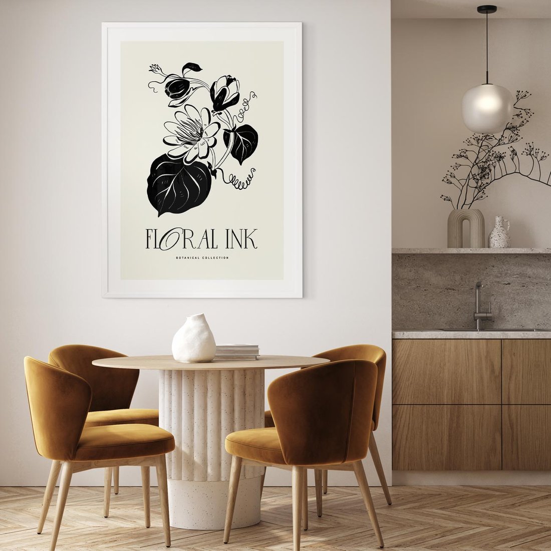Plakat w ramie 50x70 - Odbicie kwiatowych chwil - kwiaty, typografia - rama biała