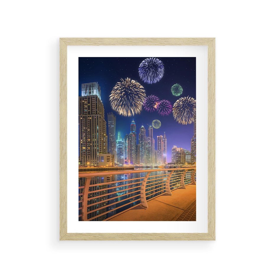 Plakat w ramie 30x40 - Fajerwerki Nowego Roku - nowy rok, fajerwerki - rama drewno