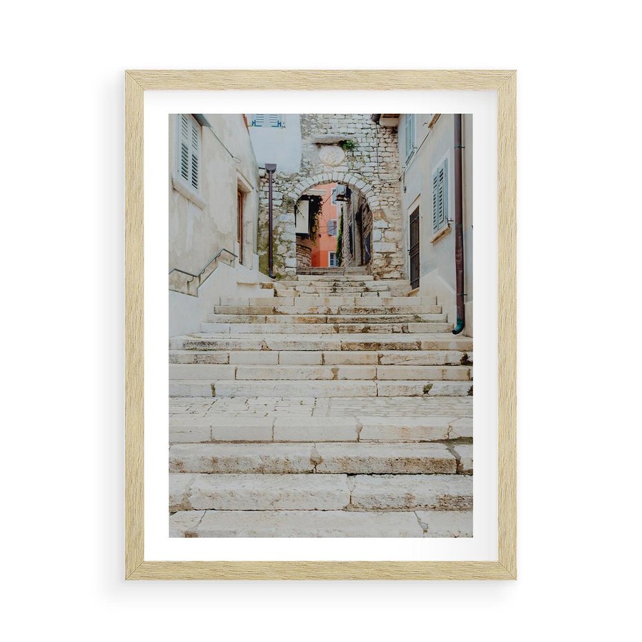 Plakat w ramie 50x70 - Schody we Włoskim Miasteczku - schody, śródziemnomorskie miasteczko - rama drewno