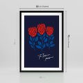 Plakat w ramie 50x70 - Podróżne Barwy - czerwone abstrakcyjne kwiaty, granatowe tło - rama czarna