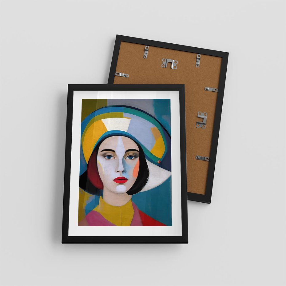 Plakat w ramie 30x40 - Kształtujące Widzenia - abstrakcyjny obraz olejny, portret twarzy kobiety - rama czarna