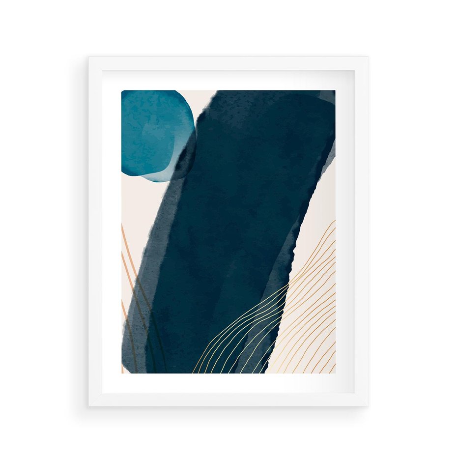 Plakat w ramie 40x50 - Nocne Widzenia - abstrakcyjna granatowa plama, akwarela - rama biała