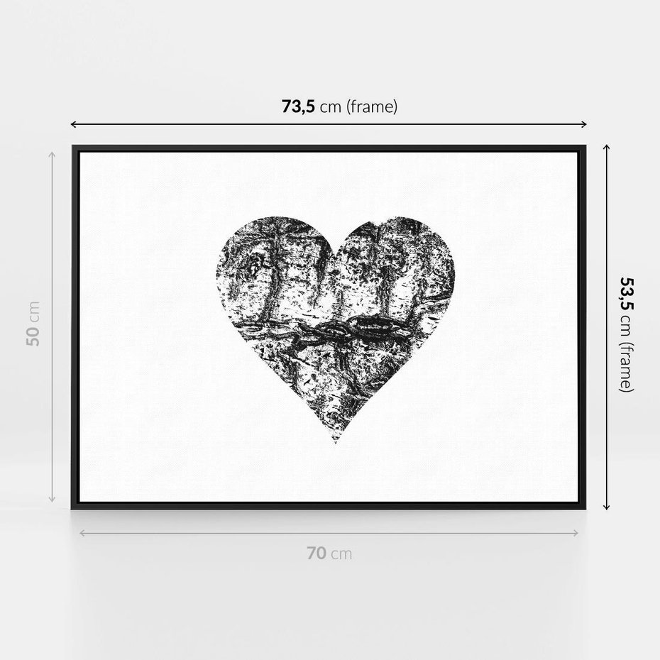 Obraz w ramie 70x50 - Drzewo Serca - czarne serce, tekstura jak kora drzewa - rama czarna