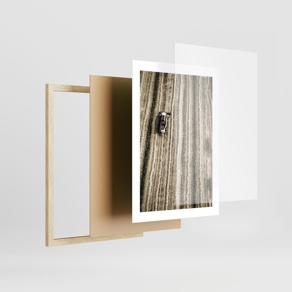 Plakat w ramie 30x40 - Sepia na Polu - kombajn, pole - rama drewno