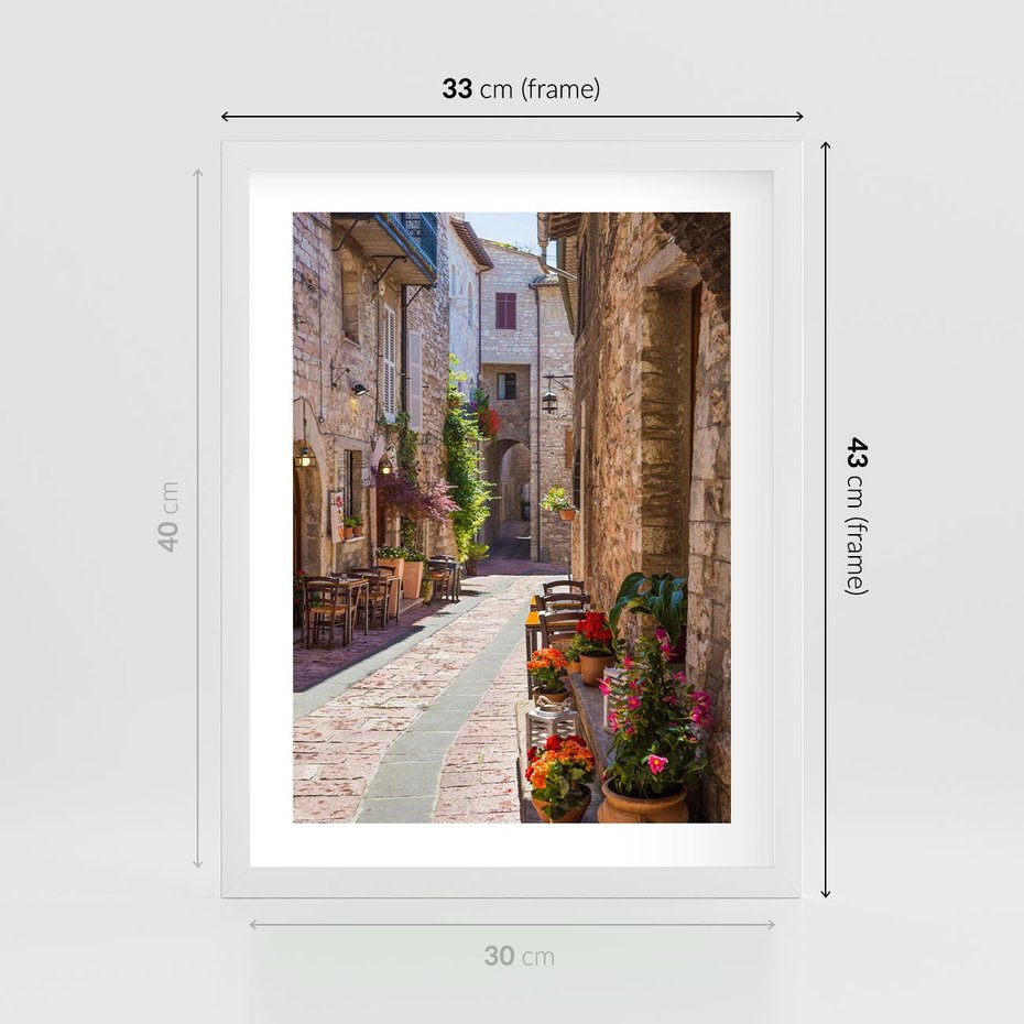 Plakat w ramie 30x40 - Malownicze Zakątki Miasta - uliczka, perspektywa - rama biała
