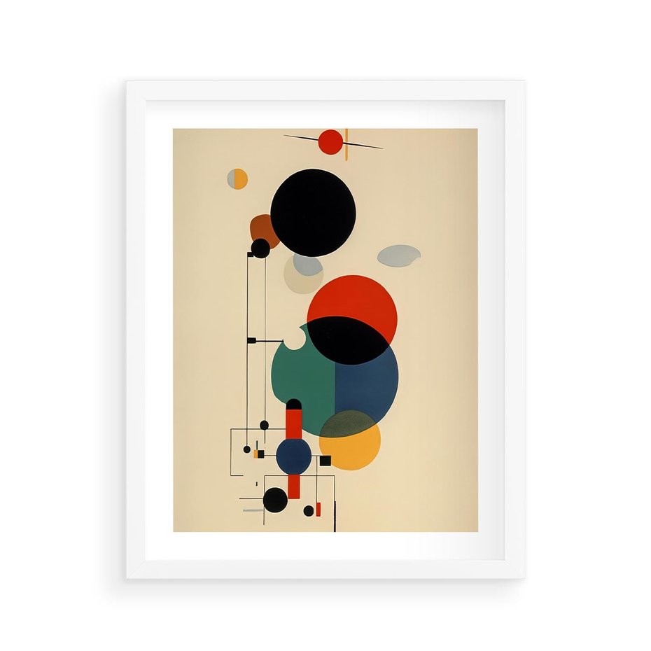 Plakat w ramie 40x50 - Migocące Impresje Odniesień - abstrakcyjna geometryczna kompozycja, koła linie - rama biała