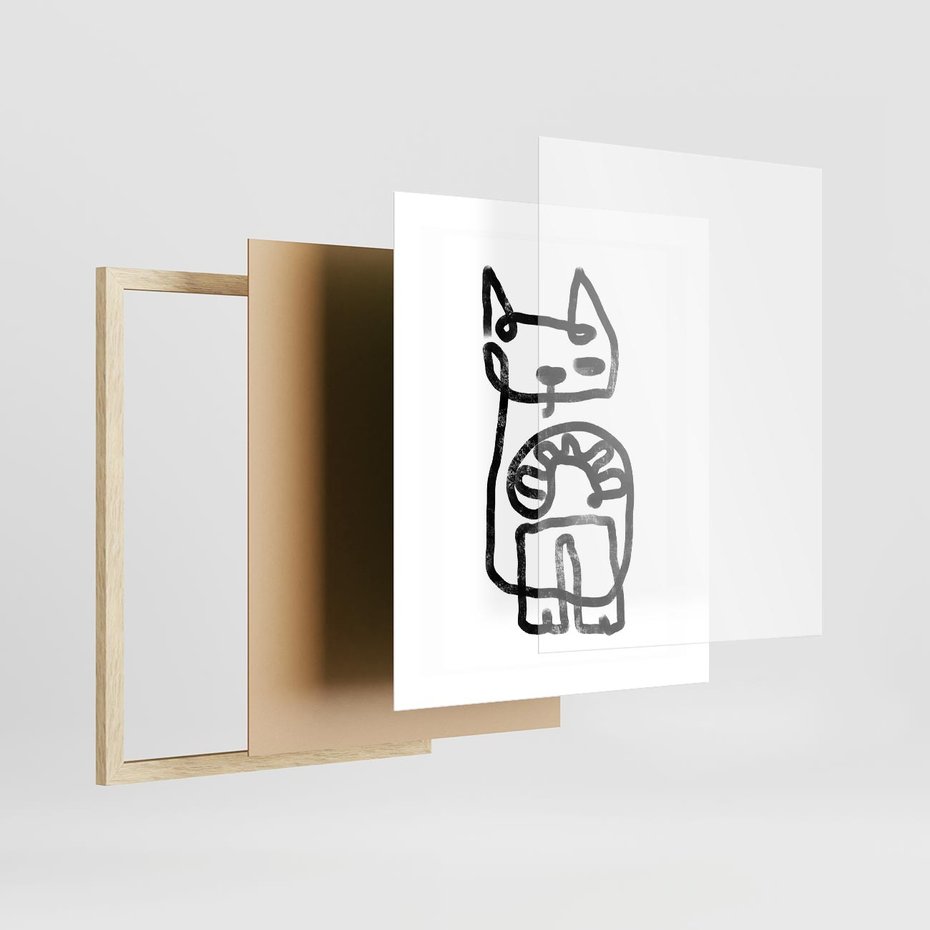 Plakat w ramie 40x50 - Portret Kociej Duszy - szkic kota, prymitywizm - rama drewno