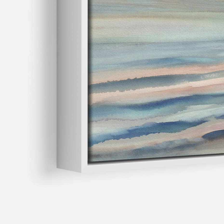 Obraz w ramie 70x50 - Witraże roziskrzonych myśli - akwarela, zamglony wschód słońca - rama biała