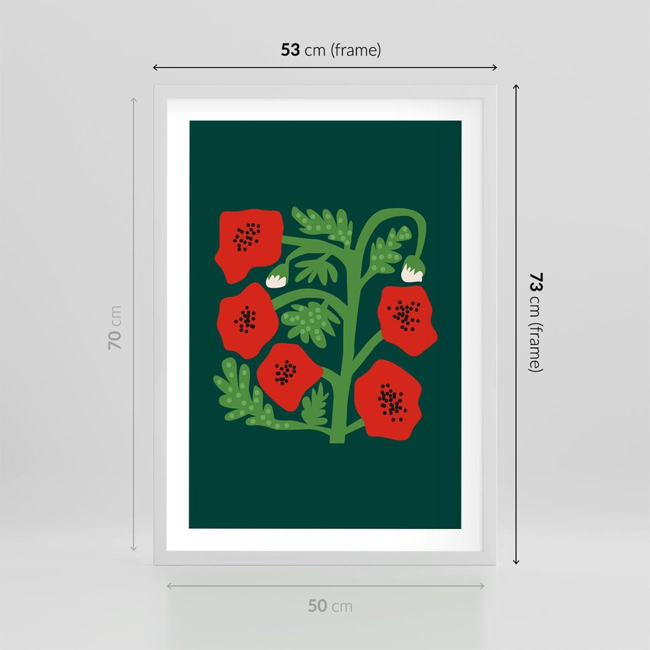 Plakat w ramie 50x70 - Księga Odbić - abstrakcyjna kwiatowa kompozycja, zielone mocne tło - rama biała