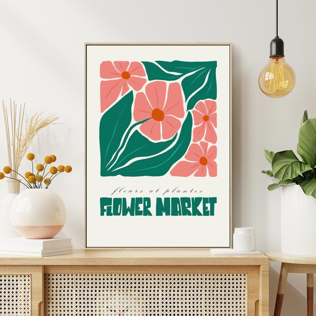 Obraz w ramie 80x120 - Retro Inspiracja - minimalistyczna kwiatowa kompozycja, pastelowe kolory - rama drewno