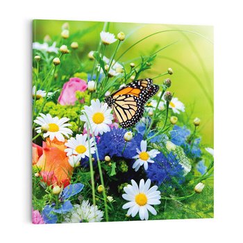 Obraz na płótnie 50x50 - Kwiatowy Taniec - motyl, kwiaty