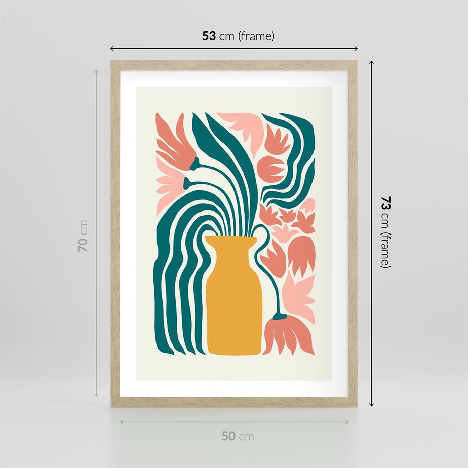 Plakat w ramie 50x70 - Kolorowe Pasmo - abstrakcyjne kwiaty w wazonie, pdastelowe kolory - rama drewno