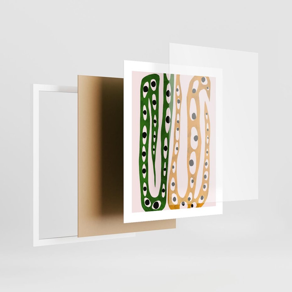 Plakat w ramie 40x50 - Migocące Zmaganie - abstrakcyjny obraz, dziwne kształty - rama biała