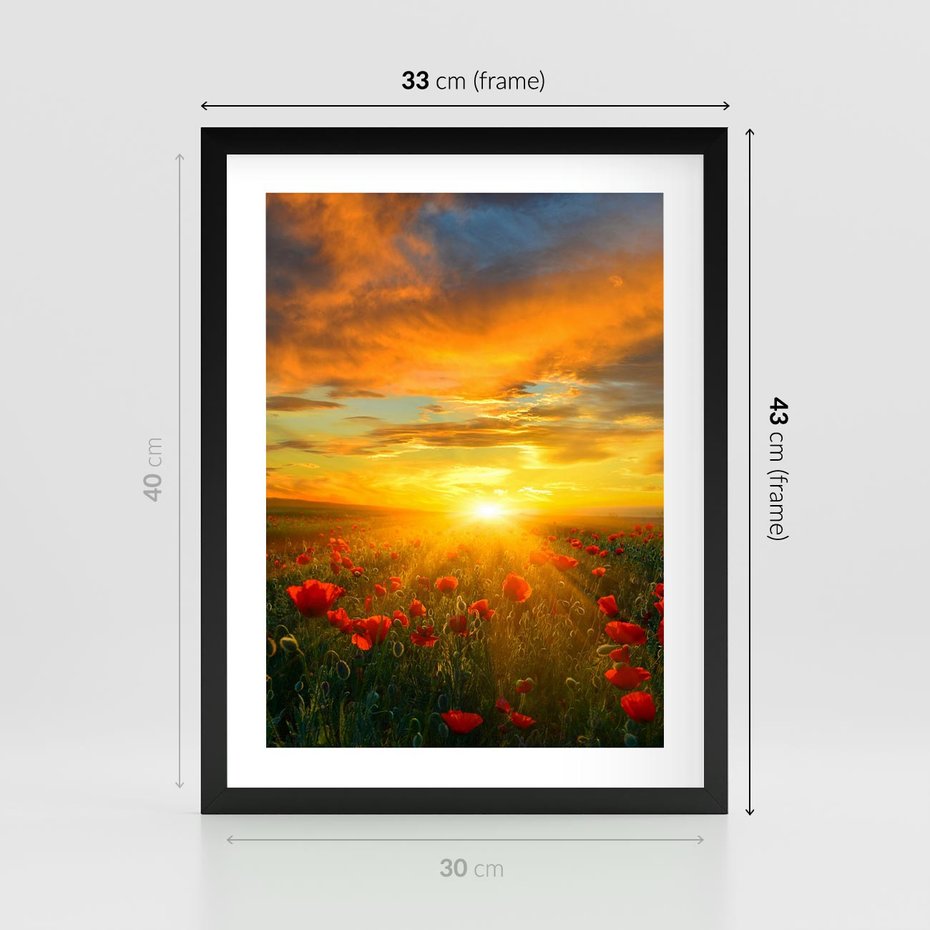 Plakat w ramie 30x40 - Magia zachodu słońca na łące z makami - łąka, zachód słońca - rama czarna