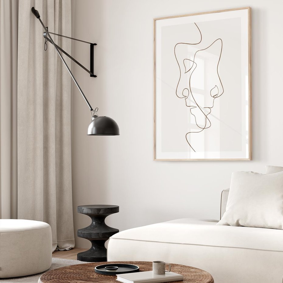 Plakat w ramie 50x70 - Jedna Linia, Dwie Twarze - minimalistyczny plakat, dwie twarze - rama drewno