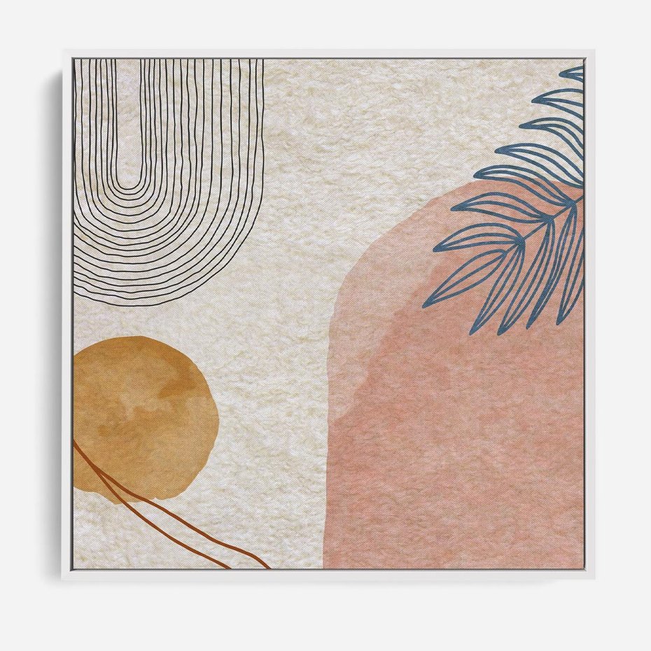 Obraz w ramie 50x50 - Liście i Geometrie - nowoczesny, akwarelowe plamy - rama biała