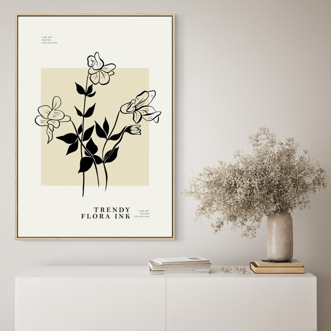 Obraz w ramie 50x70 - Malowane szkicowe tęsknoty - kwiaty, typografia - rama drewno