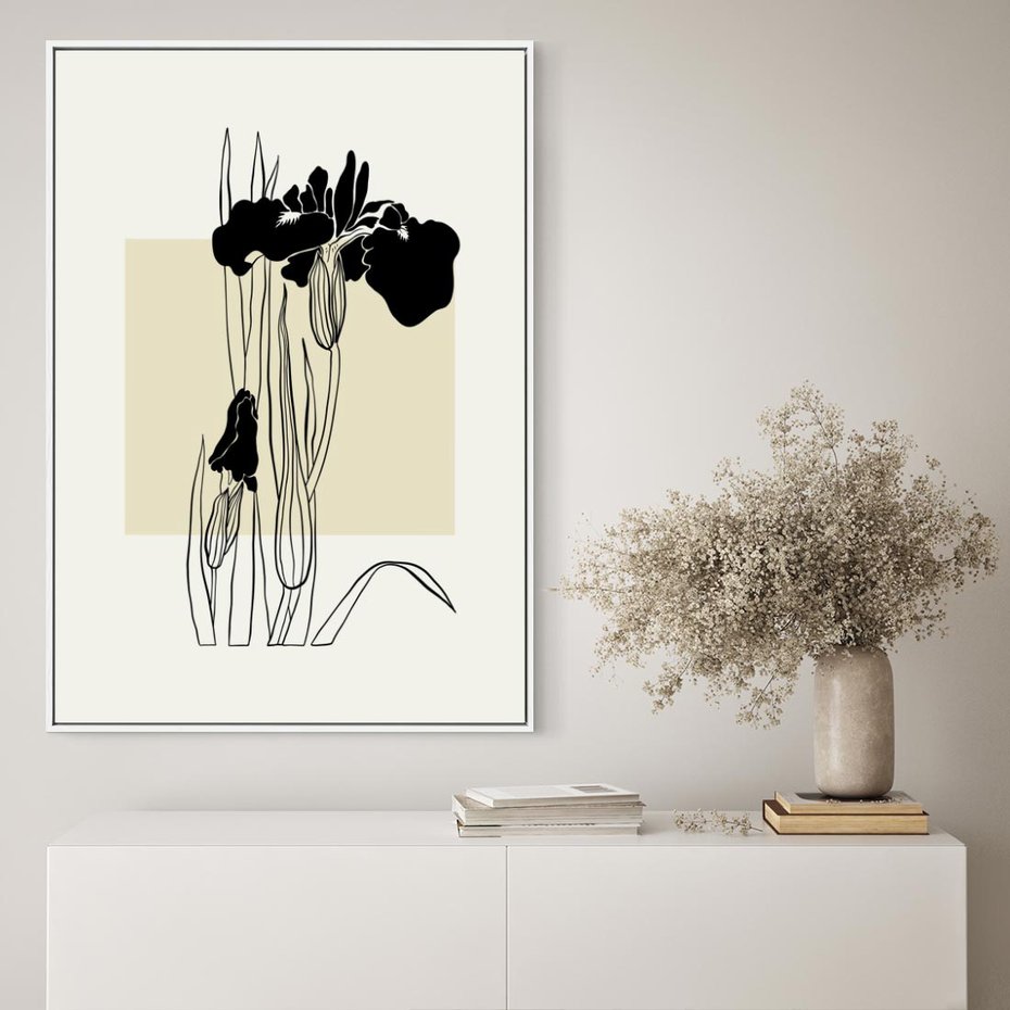 Obraz w ramie 50x70 - Rozkwitające w konturach - irys, kwiaty - rama biała
