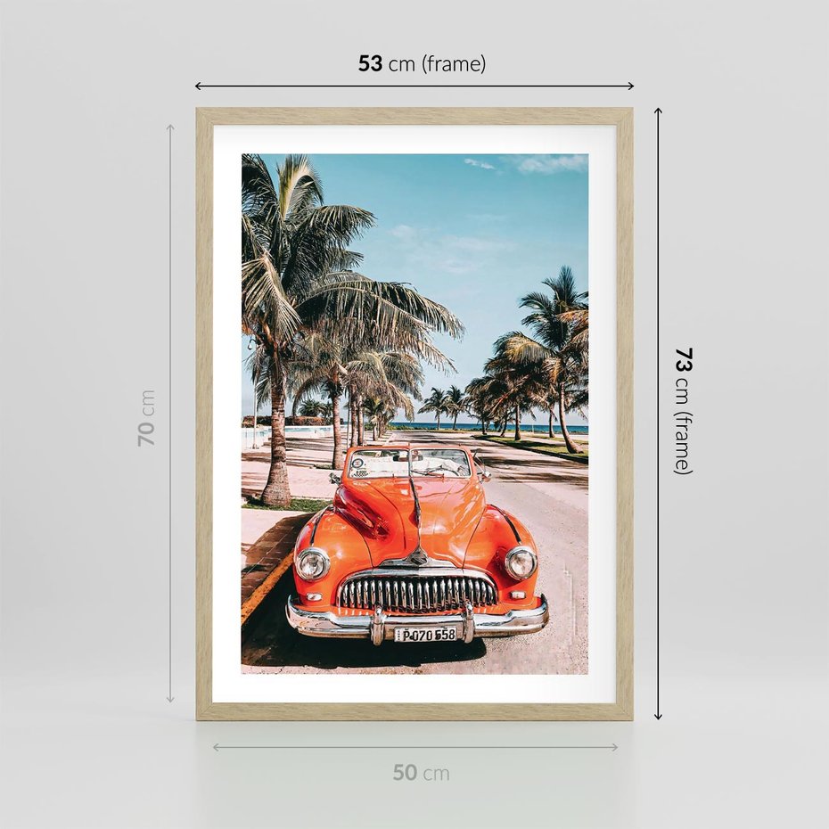 Plakat w ramie 50x70 - Retro Przejażdżka - pomarańczowy retro samochód, kabriolet - rama drewno