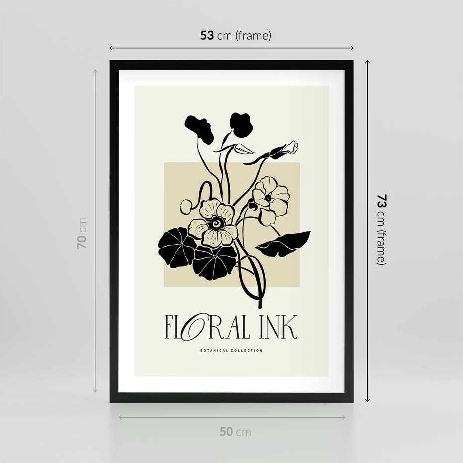 Plakat w ramie 50x70 - Podróż linii kwiatowego czasu - kwiaty, typografia - rama czarna
