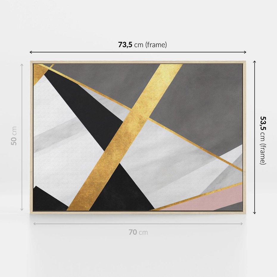 Obraz w ramie 70x50 - Pudrowe Abstrakcyjne Lustra - złote abstrakcyjne linie, szarość - rama drewno