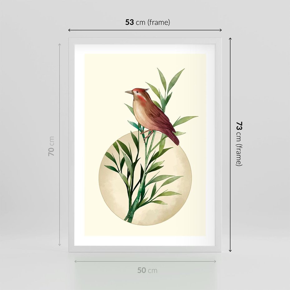 Plakat w ramie 50x70 - Rozkwitająca Delikatność - japońska sztuka, ptak - rama biała