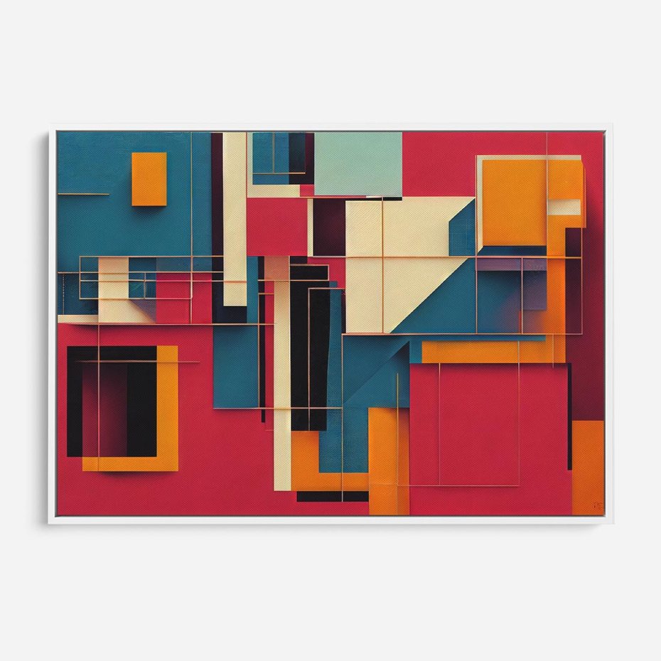 Obraz w ramie 100x70 - Przejście przez labirynt myśli - kolorowa abstrakcja, instalacja z prostokątów i lini - rama biała