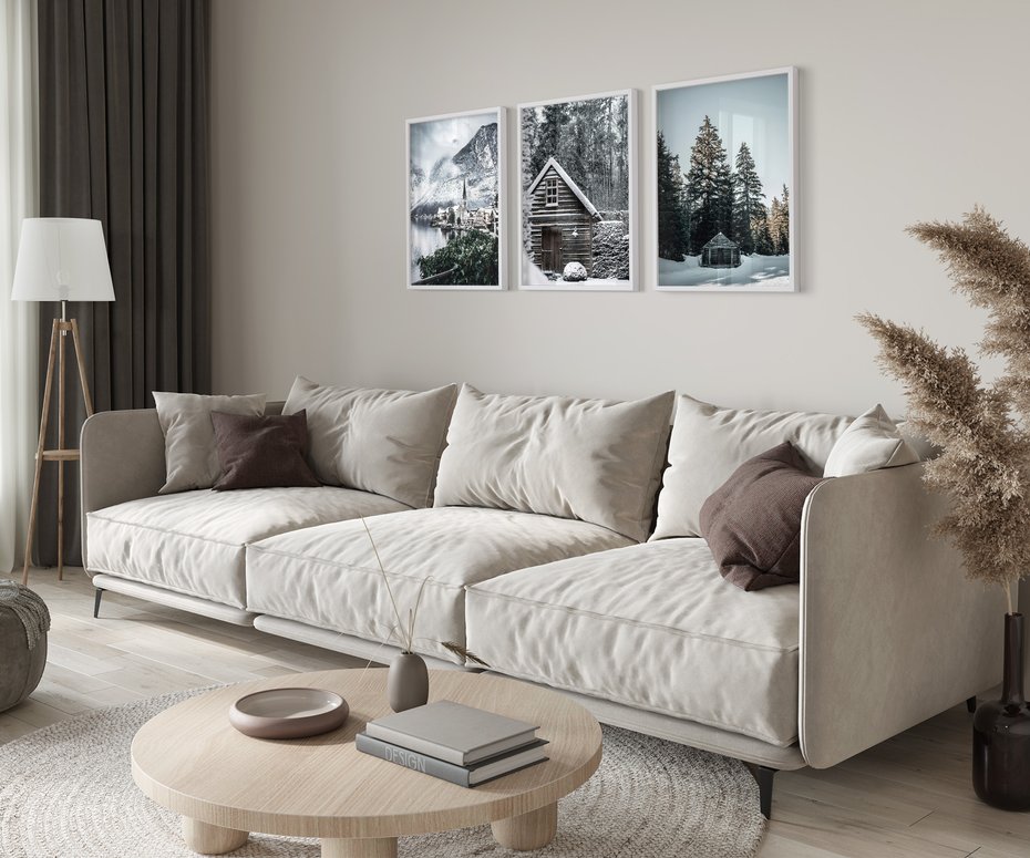 Zestaw obrazy w ramie 50x70 galeria - Domek, w, górach, zima, śnieg - rama biała