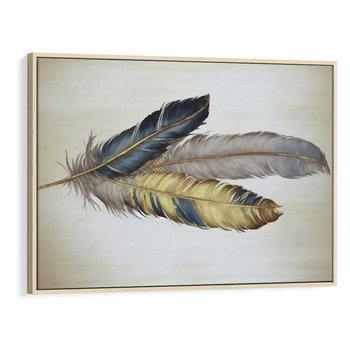 Obraz w ramie 120x80 - Granatowo-Złote Pióra - sztuka, granatowe i złote pióra - rama drewno