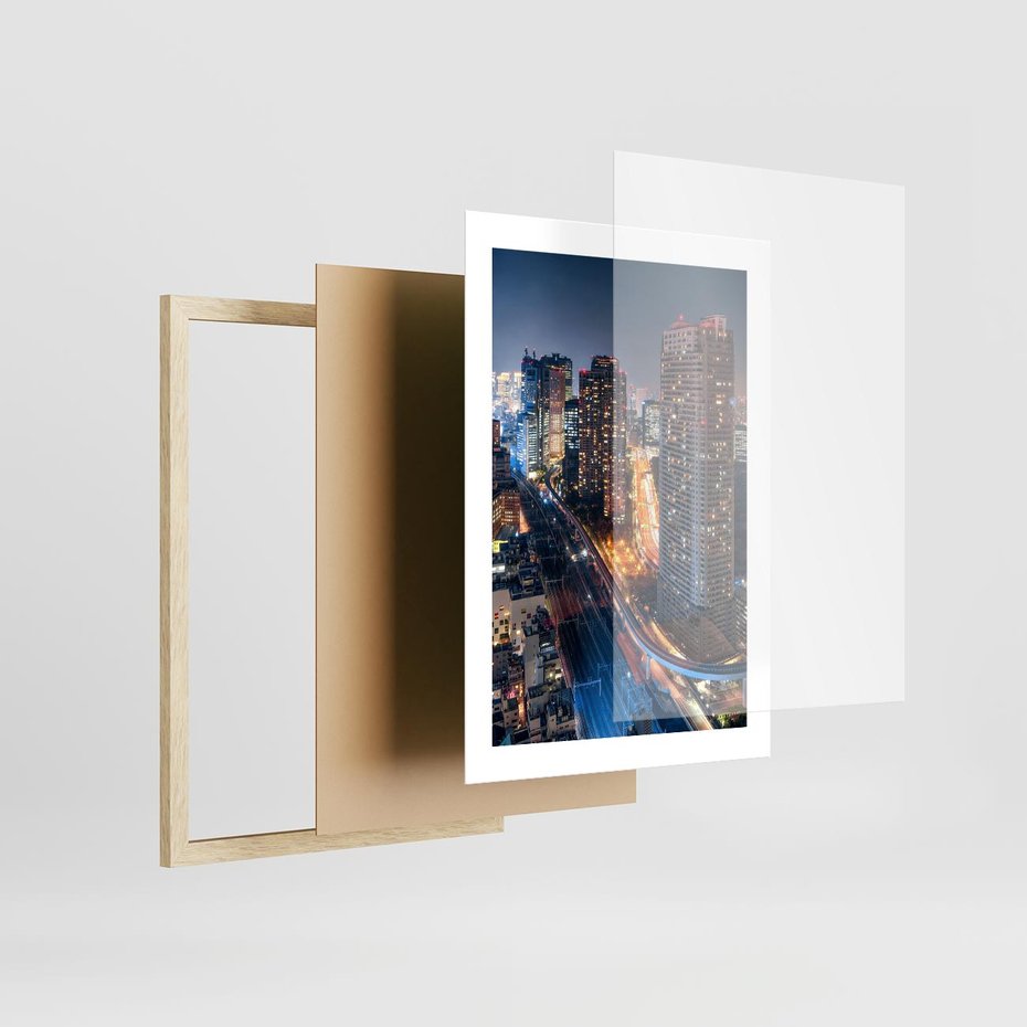 Plakat w ramie 30x40 - Miasto nocą z wieżowcami w tle - miasto, nocą - rama drewno