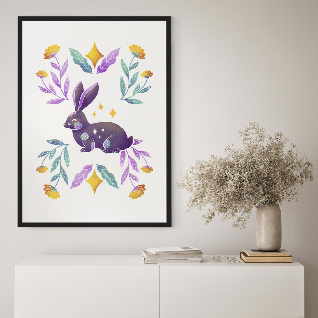 Plakat w ramie 30x40 - Boho Wiatr - boho plakat, królik - rama czarna