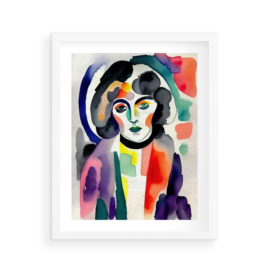 Plakat w ramie 40x50 - Subtelne Akwarelowe Ulotności - abstrakcyjny akwarelowy portret kobiety, rozmyte farby - rama biała
