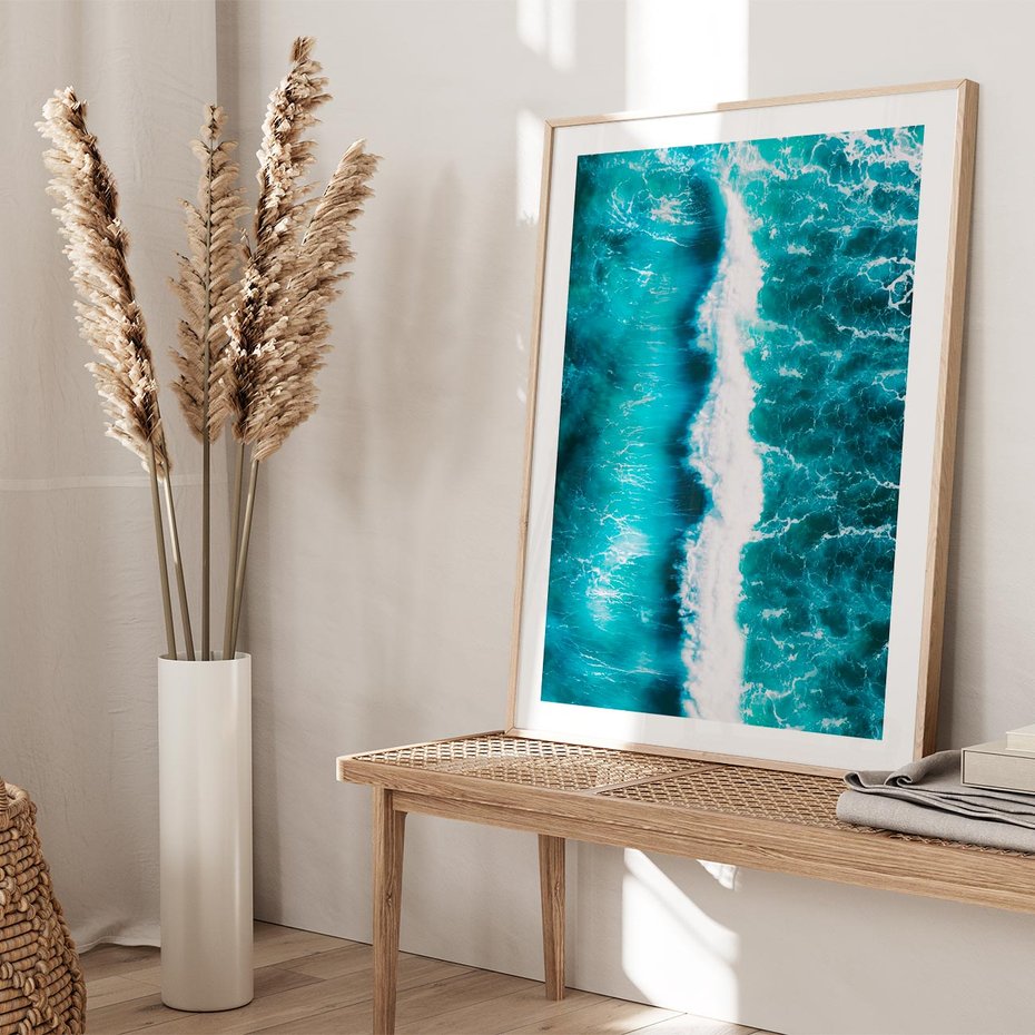 Plakat w ramie 30x40 - Błękitna Siła Oceanu - fale, ocean - rama drewno