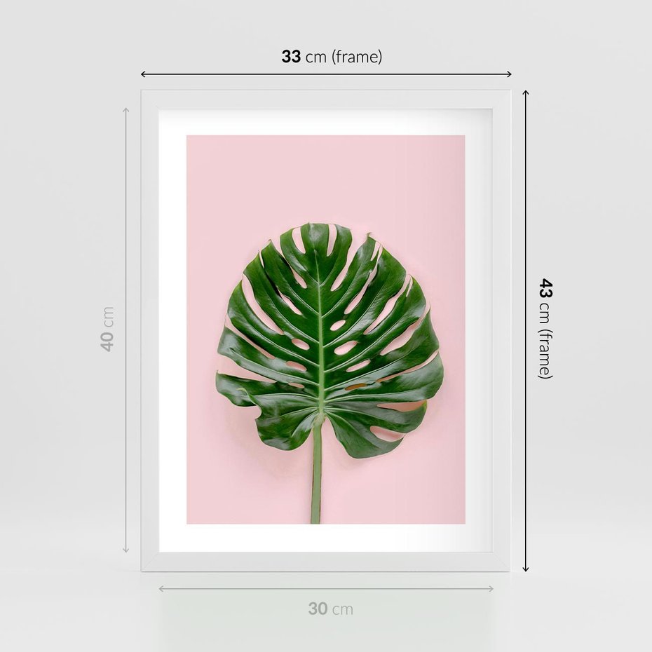 Plakat w ramie 30x40 - Monstera w Różowym Świetle - liść monstery, różowe tło - rama biała